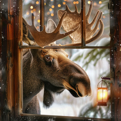 A moose peeking curiously into a cabin window in winter