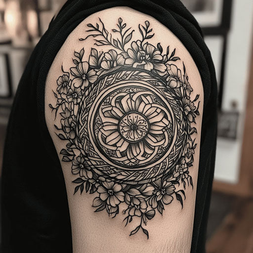 Viking tattoos for men with a Viking shield surrounded by floral patterns in the style of Maria Sibylla Merian