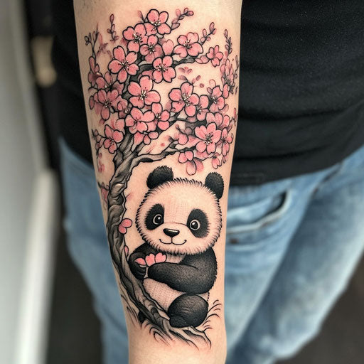 Cherry blossom tree tattoo in the style of Steve Sack with a humorous cartoon panda holding blossoms on the forearm