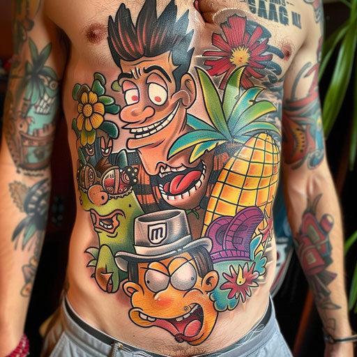 Men with Stomach Tattoos Featuring a Cartoon Character, Steve Sack Style