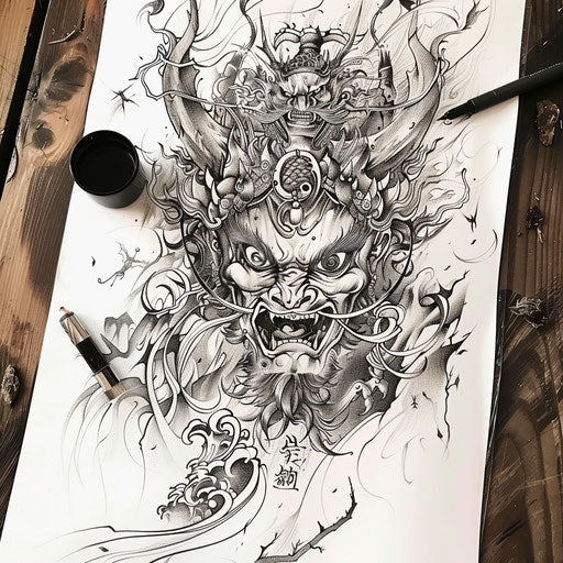Flat tattoo sketch of a Japanese demon with a surreal dream-like background