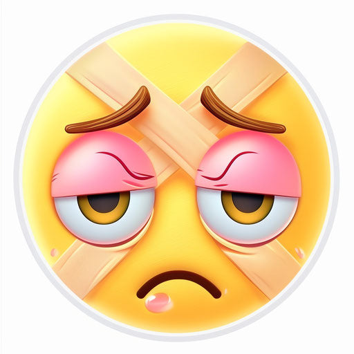 Sad face with bandages, white background, yellow circle