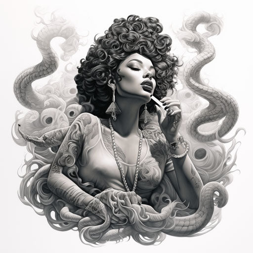 Black and white drawing of a woman smoking a cigar