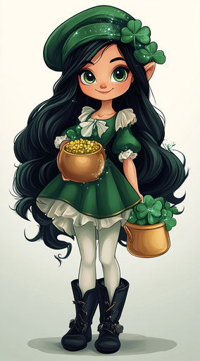 Girl in green with black boots, holding pot of gold shamrocks