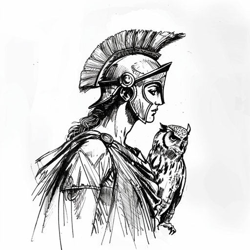 Athena with an owl in a minimalist black and white sketch