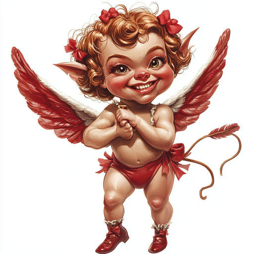 Humorous caricature of cupid with long eyelashes and arms