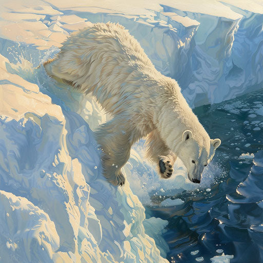 Playful polar bear sliding into frigid waters under Arctic sun