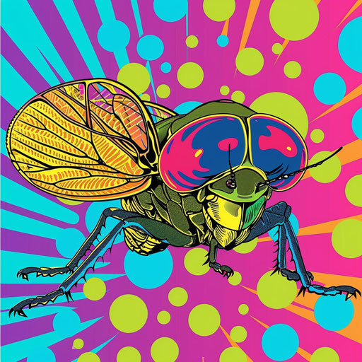 Pop art sketch of a cicada with bright colors and comic style bubbles, clipart style
