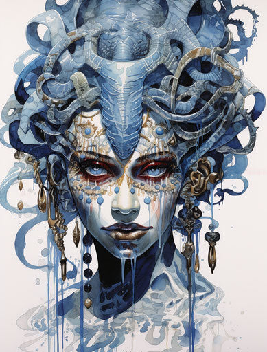 Egyptian head with snakes, indigo and blue style