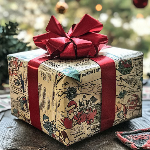 A nostalgic Christmas gift, wrapped in newspaper comics and topped with a classic red bow, reminiscent of simpler times.