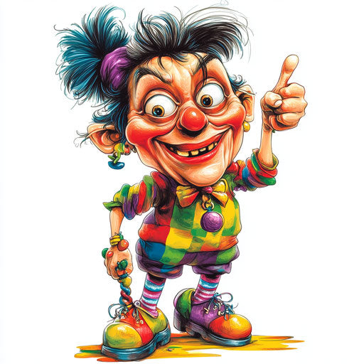 Humorous caricature of an attention caricature clipart with human characteristics, exaggerated prominent chin, small feet, playing with a toy, vibrant colors, cartoon style, pointing, high-resolution, no background, isolated