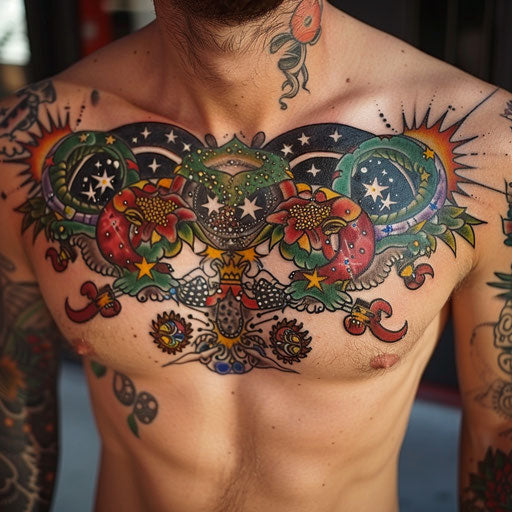 Men's chest tattoo with cosmic and celestial themes