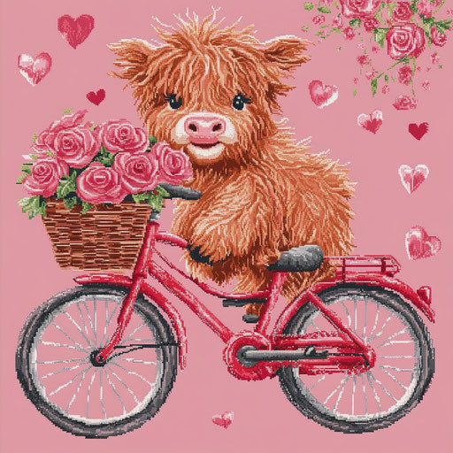 Cute baby Highland cow on a red bike with a basket full of roses.