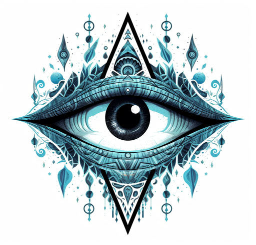 All seeing eye with crescent moon, bold outlines, flat colors, dreamlike motifs, celestialpunk, Upper Palaeolithic art, light black and azure, folk-inspired illustrations, white background
