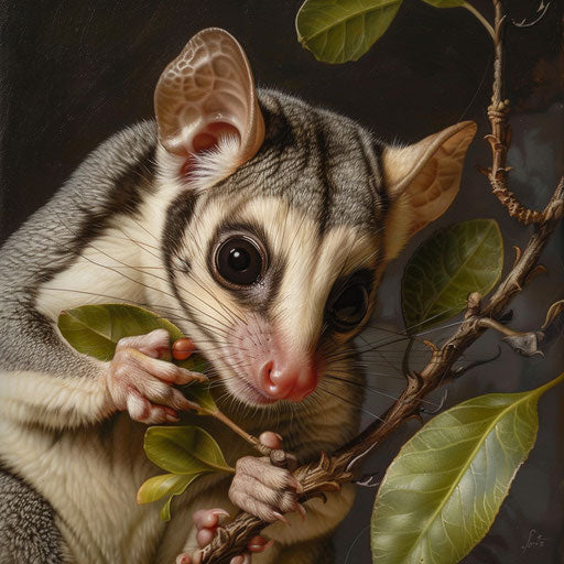 A close-up of a sugar glider clinging to a small branch, with detailed fur texture and vibrant green leaves.