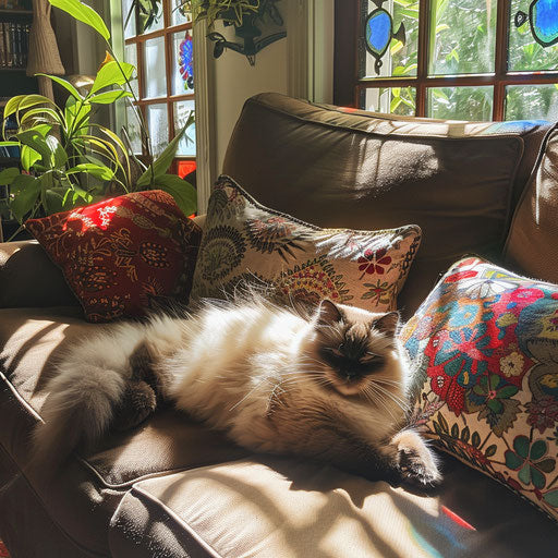 Himalayan cat in a sunlit room with colorful pillows