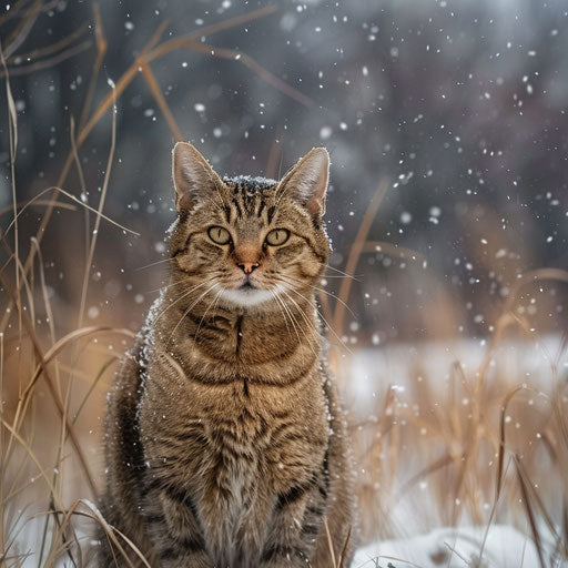 Brown cat in a field while it is snowing