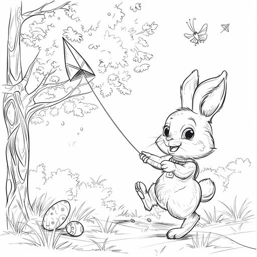 Easter bunny flying an egg-shaped kite in a sunny park