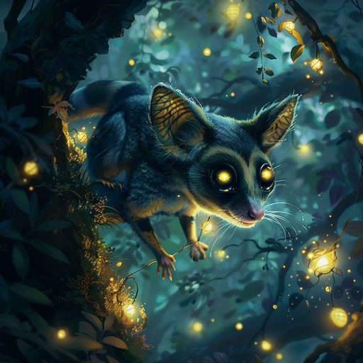 A mystical sugar glider with glowing eyes casting spells in an enchanted forest