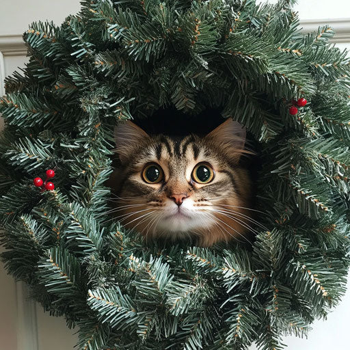 Cat hidden in a Christmas wreath