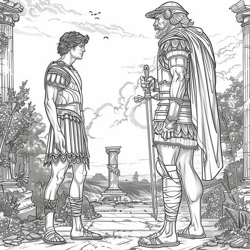 David elegantly attired facing Goliath, in the style of Megan Hess, Coloring book page