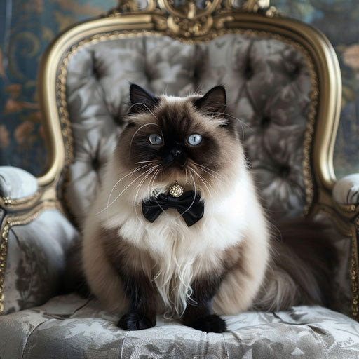 Himalayan cat with a bow tie sitting on a classic armchair