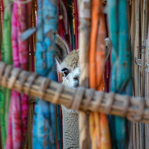 An alpaca peeking through a colorful hand-woven fence