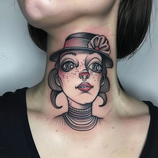 Neck tattoos for women with a humorous cartoon style