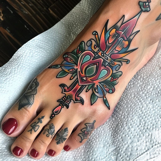 Foot tattoos in the style of Ed Hardy with classic heart and dagger