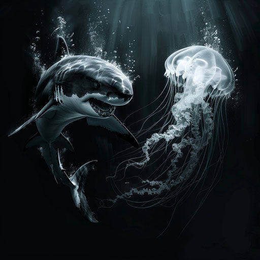 Confrontation of a shark and a jellyfish
