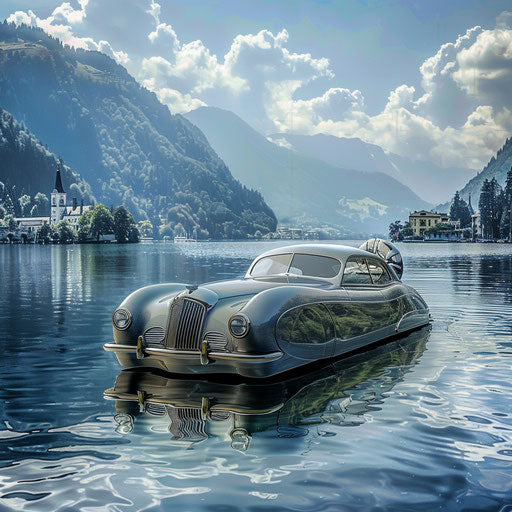 Floating vehicle with pontoons and propeller on a scenic lake