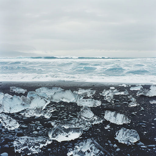 Diamond Beach in Iceland with glistening ice chunks on a cloudy day, in the style of Gray Malin