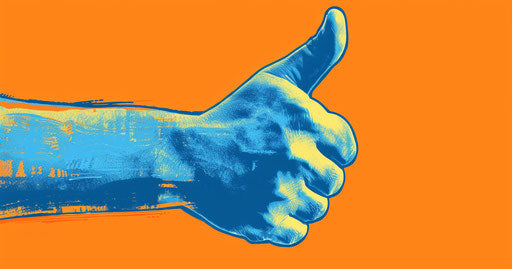 Thumbs up to icon in light orange and dark blue style