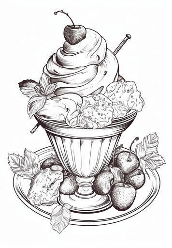 Coloring pages of sundaes in mid-century style illustration