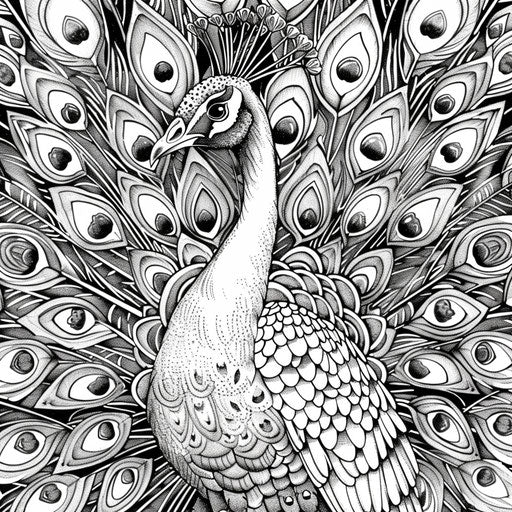 Detailed illustration of a peacock displaying colorful feathers. Coloring book page