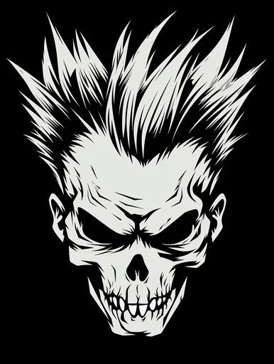 Cartoon sketch of a skull with mohawk hair, in the captivating, stencils 3:4 style