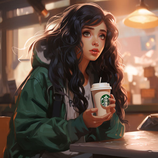A girl drinking her Starbucks coffee in cartoon realism style