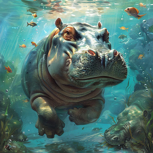 Hippo gracefully swims underwater with fish flitting around