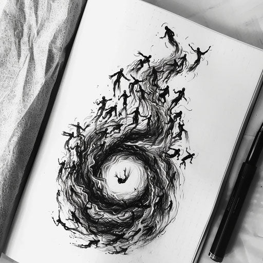 Dynamic flat tattoo sketch of souls ascending and descending in a hellish vortex