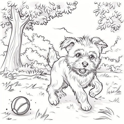 Puppy playing with a ball in the park. Coloring book page