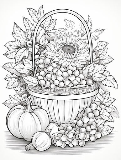 Pumpkin in basket coloring page, elaborate fruit arrangement style