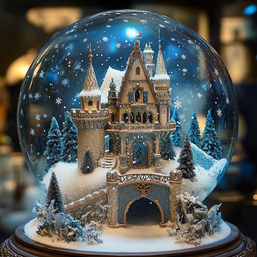 Magical castle in snow globe, shimmering moat and drawbridge