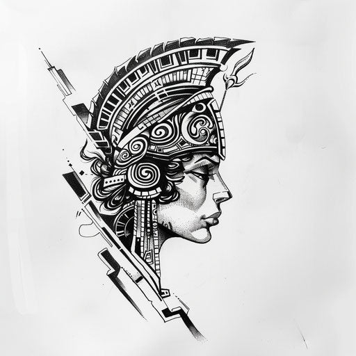 Cultural flat tattoo sketch of Artemis with ancient Greek patterns and meanders