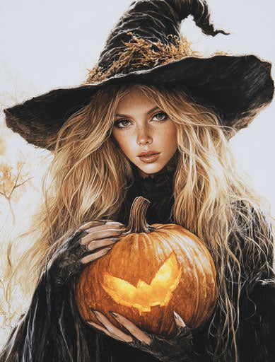 Witch and glowing pumpkin in the style of Luis Royo