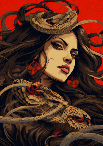Woman with long hair and a snake on her head