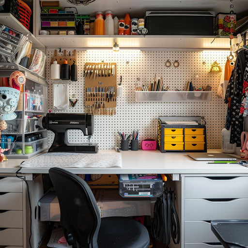 Crafting corner with sewing machine and fabric storage