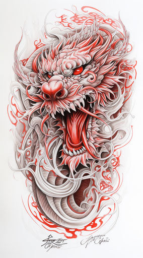 Red Chinese Dragon Drawing, Precisionist Lines Style, Tattoo-Inspired, Cryptid Academia, Chinapunk, White and Red, Tattoo, High Quality 43:77