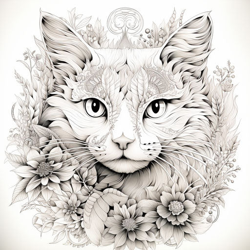 Animal coloring pages with a cat, intricate embellishments style