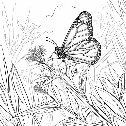Realistic monarch butterfly on a branch. Coloring book page