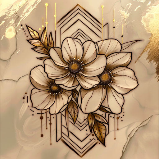 Art deco tattoo sketch of cosmos flowers with symmetrical designs and metallic gold accents, giving a luxurious feel to October birth flowers